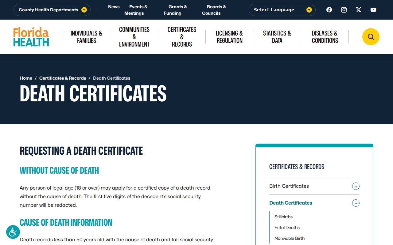 Florida death certificate access page used to confirm Plant City family events