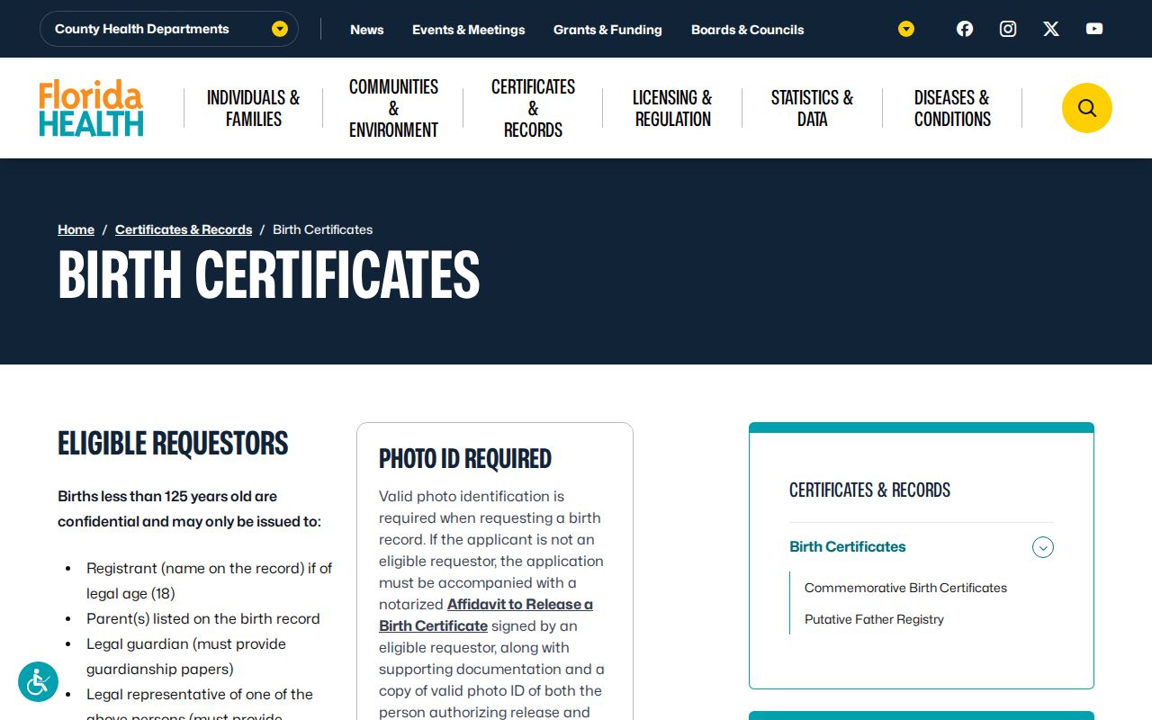 Florida birth certificate eligibility and ordering page for checking a Plant City identity
