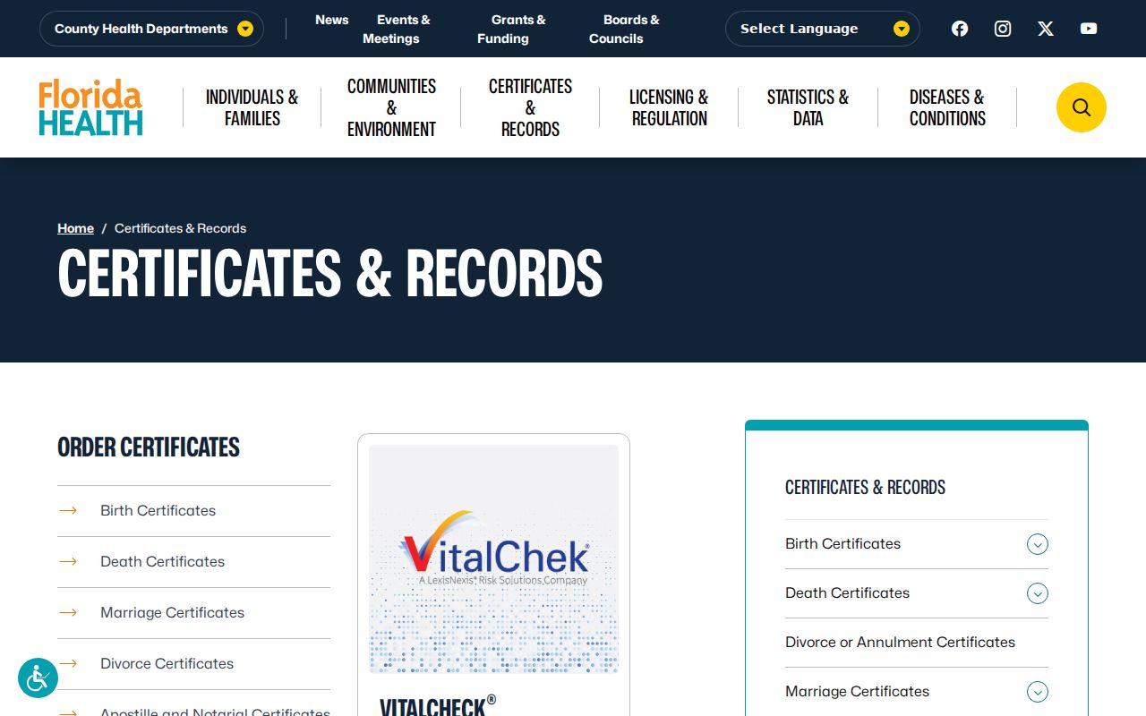Florida Department of Health vital records hub for Plant City resident life-event records